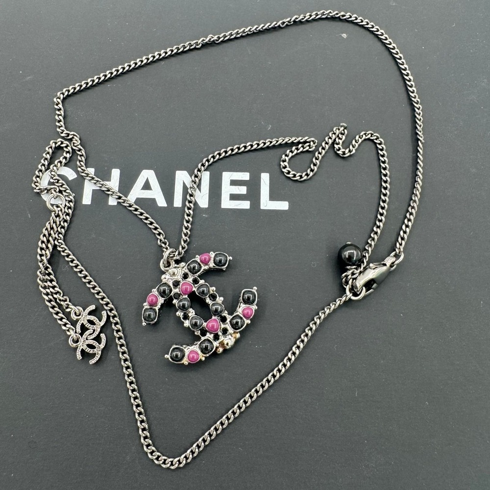 Chanel CC Pendant Necklace Gunmetal Purple Black Cabochon 12P Pink